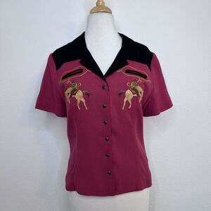 Double D Ranch Womens Blouse Sz Medium Red Embroidered Pearl Snap Cowboy Western